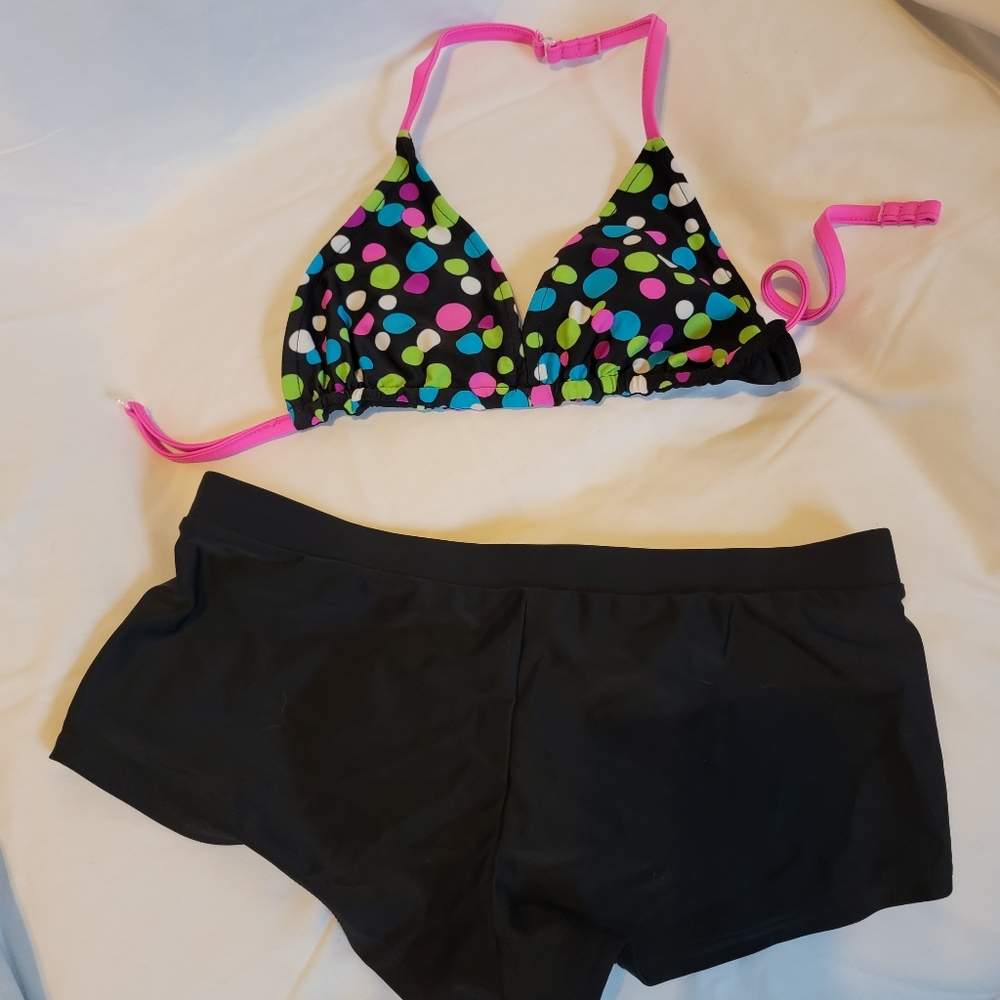 Girls Two Piece Swimsuit Boy Shorts With Reversible Top Black, Pink Size 16 - Picture 3 of 5